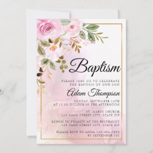 Invitation Baptême rose or et Rose marbre