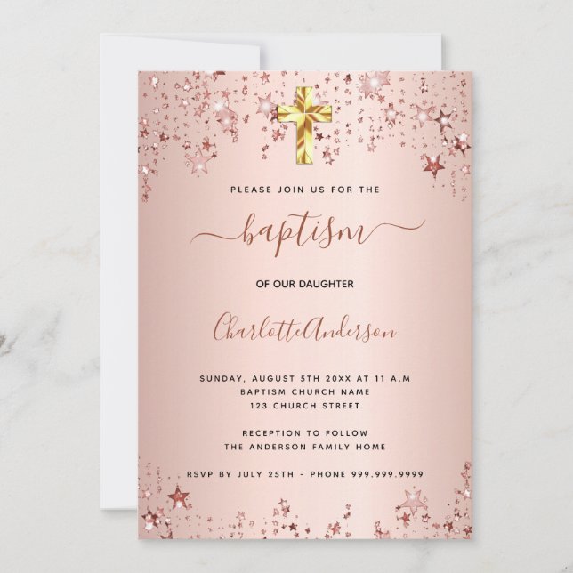 Invitation Baptême rose or étoiles fille élégante (Devant)