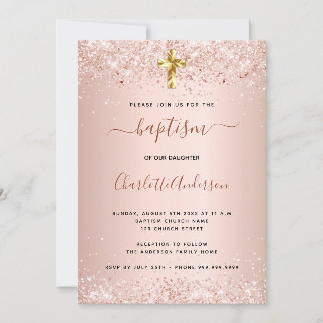 Invitation Baptême rose or parties scintillant poussière rous (Devant)