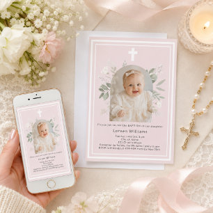 Invitation Baptême Rose Pâle Photo fille arc florales blanche