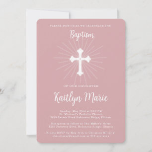 Invitation Baptême rose poussiéreux pour fille avec croix
