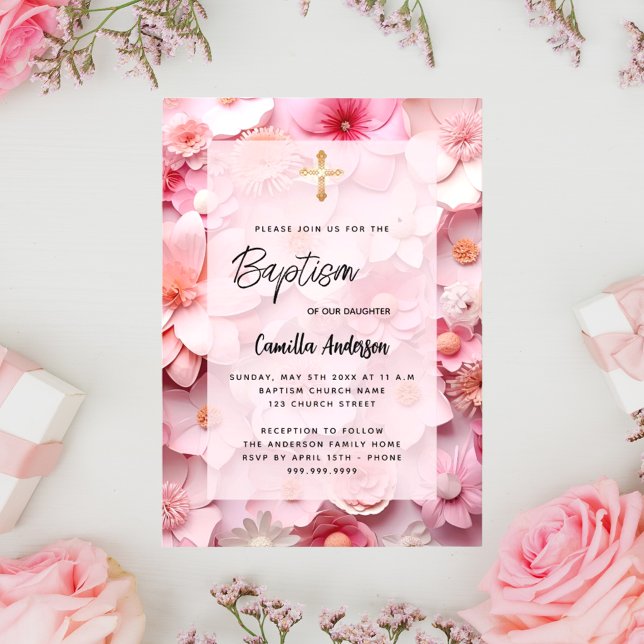Invitation Baptême rose rousse fleurs bébé fille (Créateur téléchargé)