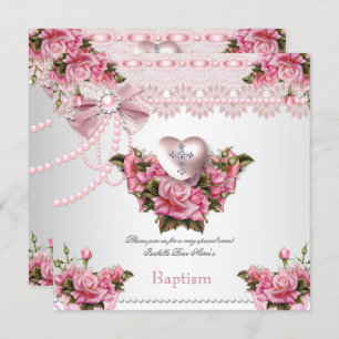 Invitation Baptême rose Silver Coeur Croix Fille Rose 5
