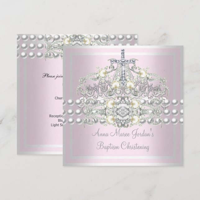 Invitation Baptême rose Tiara argent blanc Pearl Diamond (Devant / Derrière)