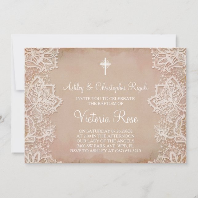 Invitation Baptême rose Vintage (Devant)