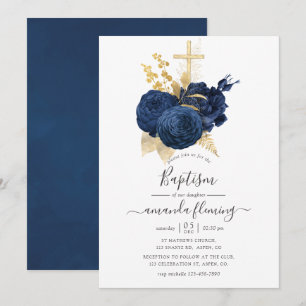 Invitation Baptême Rose Vintage Bleu Marine et Or