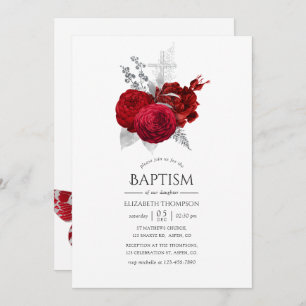 Invitation Baptême Rose Vintage rouge et argent