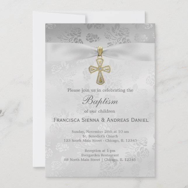 Invitation Baptême Roses d'argent (Devant)