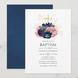 Invitation Baptême Roses Vintage Bleu Marine et Rose Pâle
