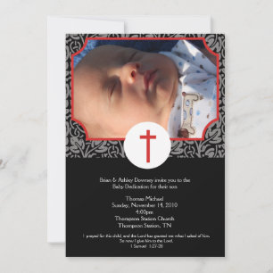Invitation Baptême rouge/gris/noir Dédicace bébé 5x7 photo