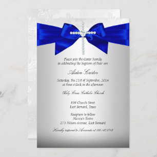 Invitation Baptême Royal Bleu Blanc Croix Argent