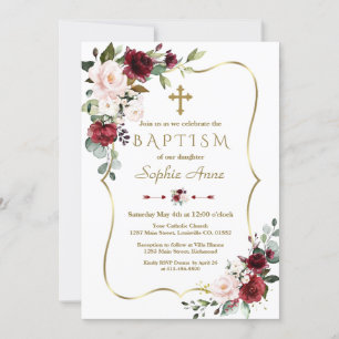 Invitation Baptême Royal Burgundy Blush Floral Gold Frame