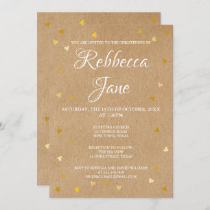 Invitation Baptême rustique Christening Gold Hearts 
