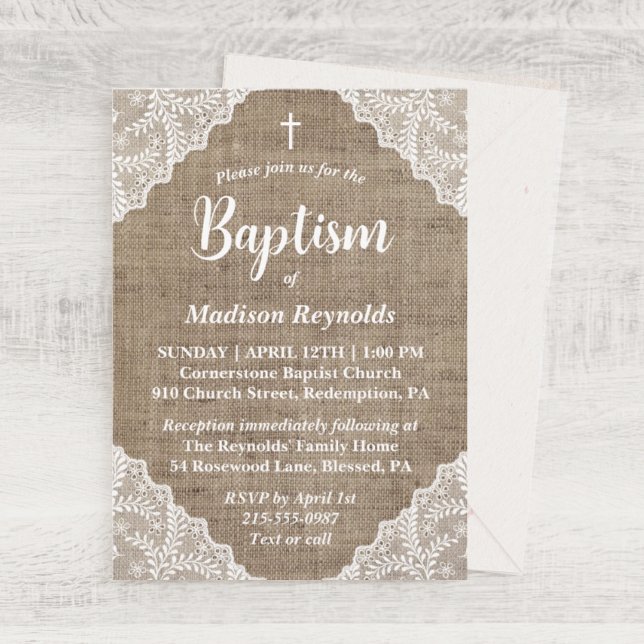Invitation Baptême rustique et croix de dentelle blanche (Créateur téléchargé)