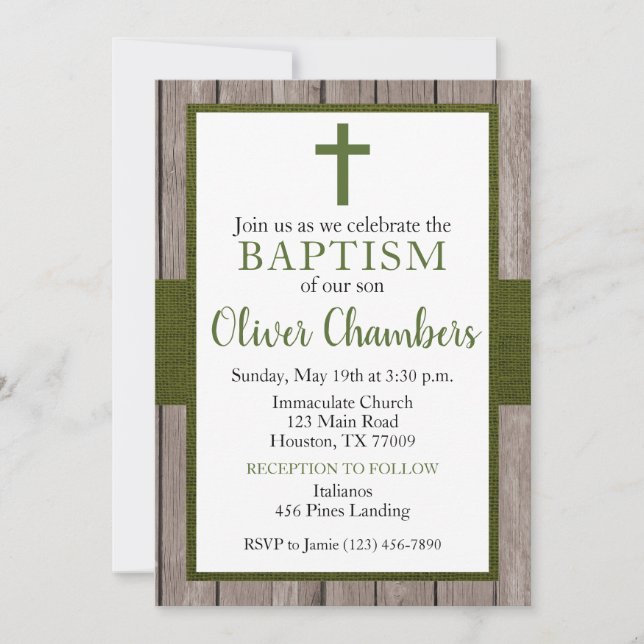 Invitation Baptême Rustique Green & Wood Boy Boy (Devant)