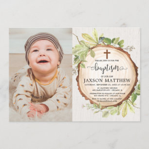 Invitation Baptême rustique photo bois chute feuillage