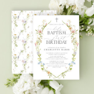 Invitation Baptême Saint et 1er anniversaire Fleur sauvage Na