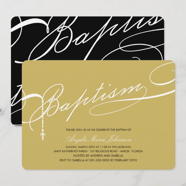 Invitation Baptême scénarisé Rosaire Croix d'or religieuse (Devant / Derrière)