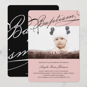 Invitation Baptême scénarisée Croix du Rosaire Fille rose Pho