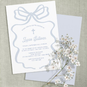 Invitation Baptême simple Bleu Bow