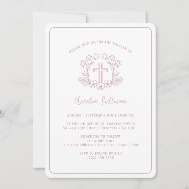 Invitation Baptême simple de croix rose florale (Devant)