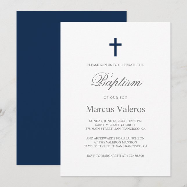 Invitation Baptême simple de la marine simple Croix bleue (Devant / Derrière)