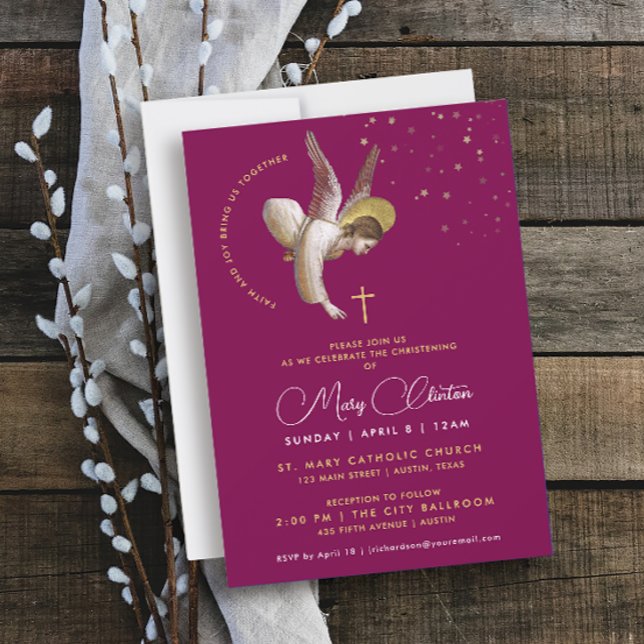 Invitation Baptême simple élégant magenta bordeaux or (Créateur téléchargé)