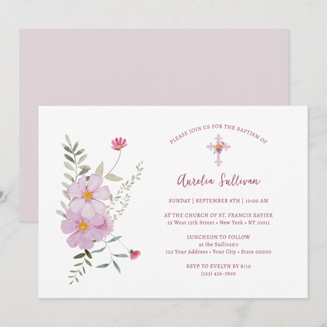 Invitation Baptême simple Fleur sauvage (Devant / Derrière)