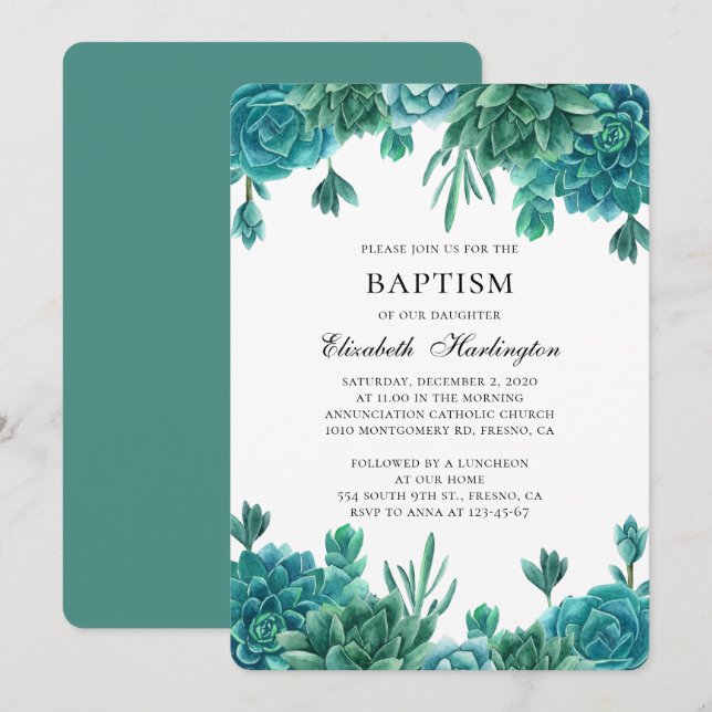 Invitation Baptême Succulent. Cactus à la menthe d'aquarelle. (Devant / Derrière)