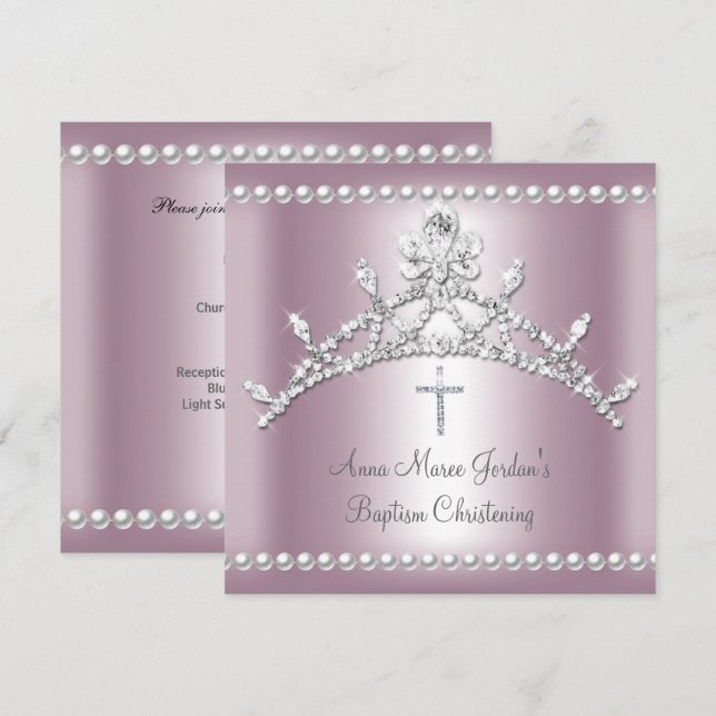 Invitation Baptême Tiara Rose Argent Blanc Pearl Diamant (Devant / Derrière)