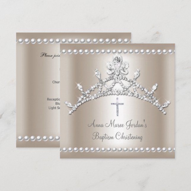 Invitation Baptême Tiara Sepia Silver White Pearl Diamond (Devant / Derrière)