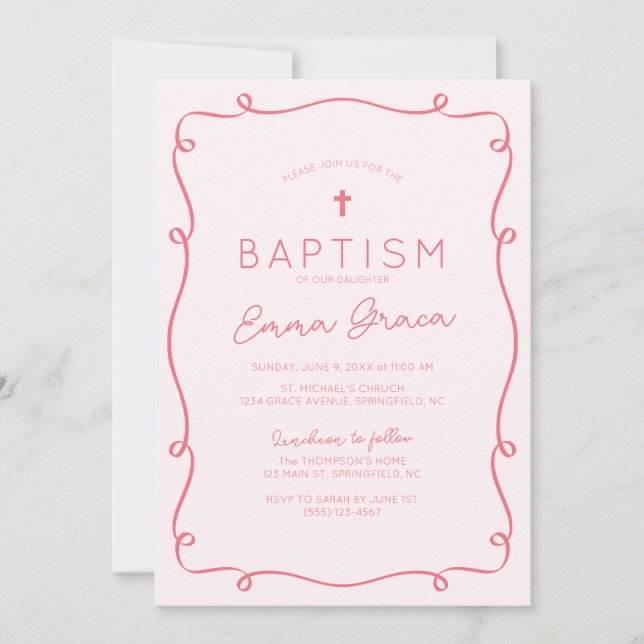 Invitation Baptême tirée à la main rose (Devant)