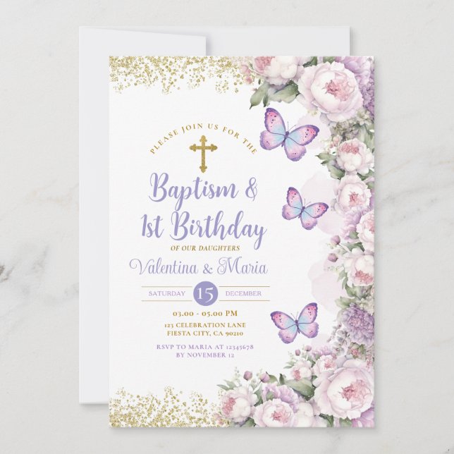 Invitation Baptême Twin & 1er Anniversaire Croix Florale Viol (Devant)