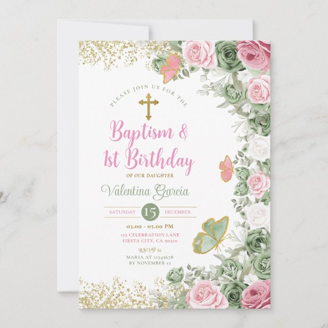 Invitation Baptême Twin & 1er Anniversaire Sage vert rose flo (Devant)