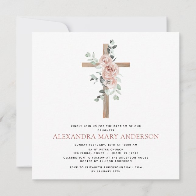 Invitation Baptême Verdure Dusty Rose Croix chrétienne (Devant)