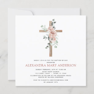 Invitation Baptême Verdure Dusty Rose Croix chrétienne