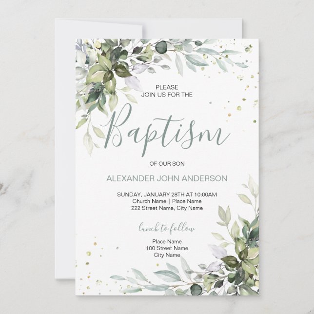 Invitation Baptême Verdure rustique Feuillage (Devant)