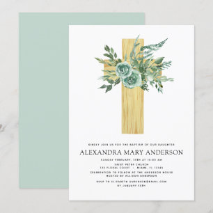 Invitation Baptême Verdure Sage Eucalyptus Croix en bois