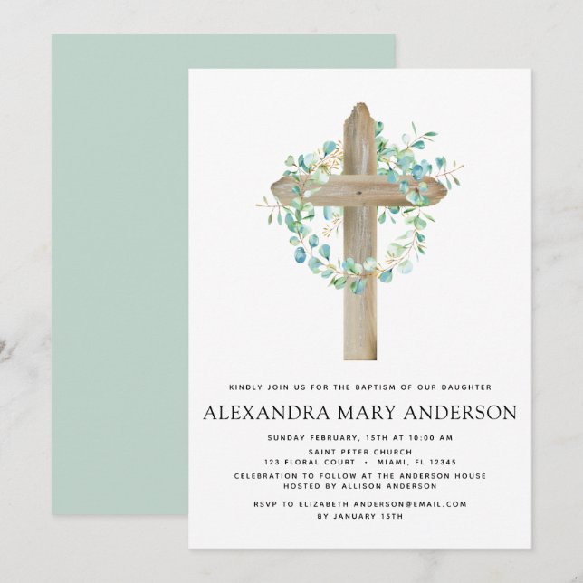 Invitation Baptême Verdure Sage Eucalyptus Croix en bois (Devant / Derrière)