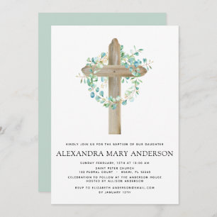 Invitation Baptême Verdure Sage Eucalyptus Croix en bois