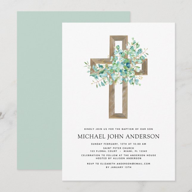 Invitation Baptême Verdure Sage Eucalyptus Gold Cross Invita (Devant / Derrière)
