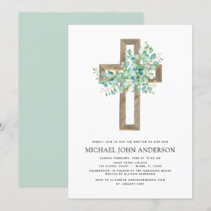 Invitation Baptême Verdure Sage Eucalyptus Gold Cross Invita