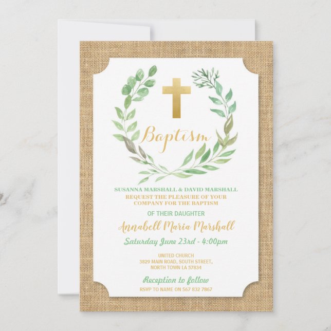 Invitation Baptême vert de la feuille Baptême Christening nat (Devant)