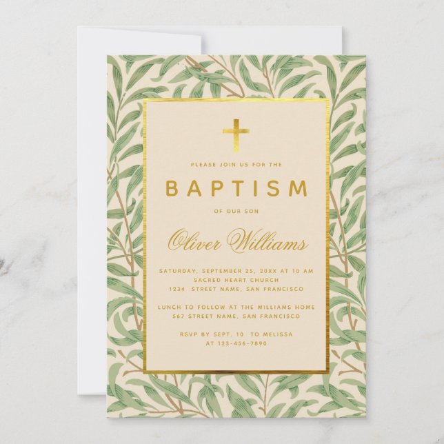 Invitation Baptême Vert Feuilles Faux Gold Cross Morris Willo (Devant)