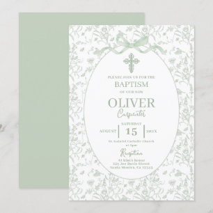 Invitation Baptême vert Toile Sage