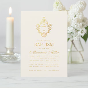 Invitation Baptême Vintage Crest Élégant Faux Gold Foil Ivory
