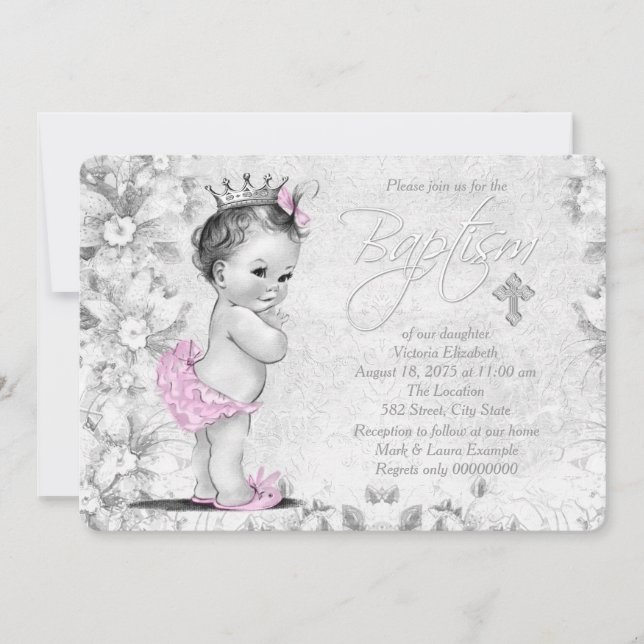 Invitation Baptême Vintage rose et gris (Devant)