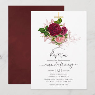 Invitation Baptême vintage shabby-chic rose et burgundy