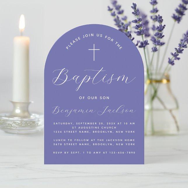 Invitation Baptême Violet Arc Simple Moderne Script & Croix (Créateur téléchargé)