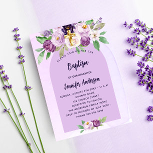 Invitation Baptême violet fleurs violet croix fille